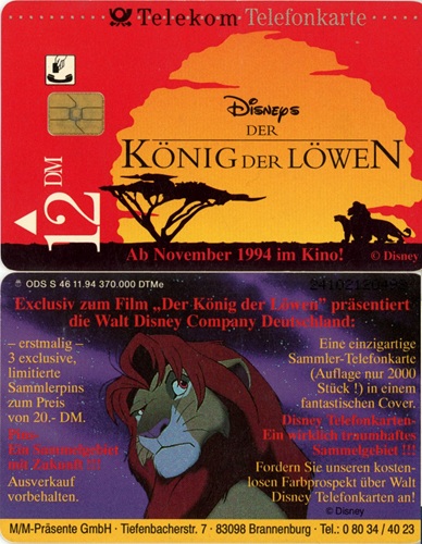 Tel.Karta, 1994 Nemecko, Deutsche Telekom, Disney - Leví kráľ