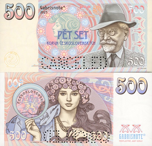 500 Korún 2025 Československo UNC Alfonz Mucha perforácia CANCELED