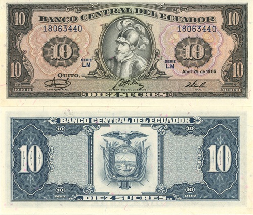 10 Sucres 1986 Ekvádor UNC séria LM