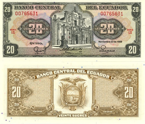 20 Sucres 1988 Ekvádor UNC séria LQ