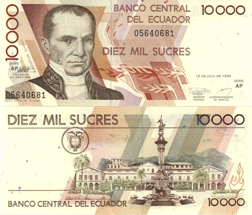 10 000 Sucres 1999 Ekvádor UNC séria AP