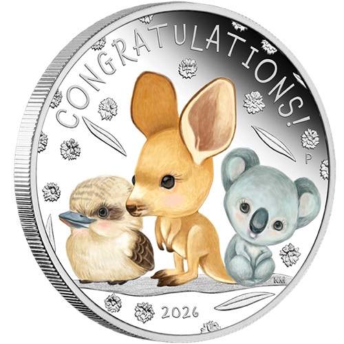 50 Cents 2026 Austrália PROOF farbená 1/2 Oz Ag, Narodenie dieťaťa