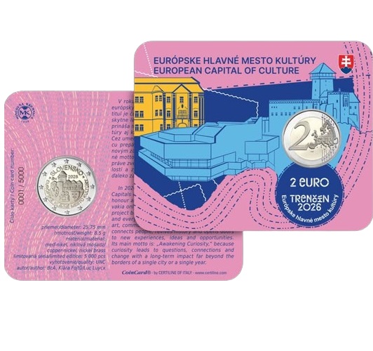 2 euro 2026 Slovensko UNC karta, mesto kultúry Trenčín