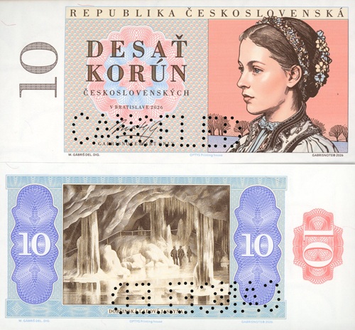 10 Korún 2026 Československo UNC vzor 1949 perforácia CANCELED