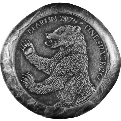 Strieborná tehlička 2026 Germania BU Antiqued 2 Oz Ag, Berlínsky medveď