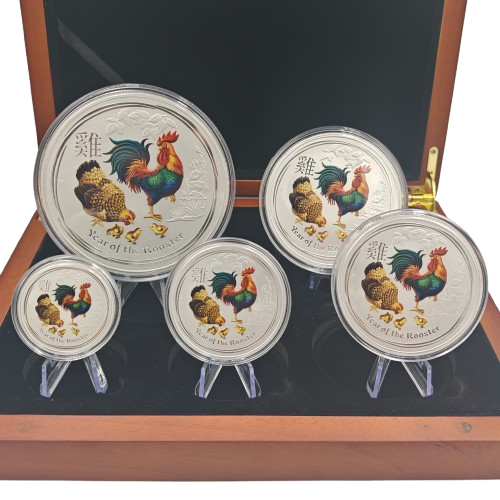 Sada 5 mincí 2017 Austrália BU farbená 18,5 Oz Ag, LUNAR II. -  Year of the Rooster