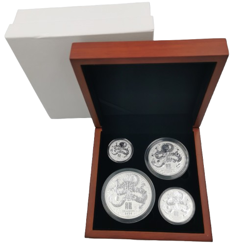 Sada 4 mincí 2024 Austrália BU 8,5 Oz Ag, Lunar III. – Year of the Dragon