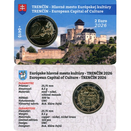 2 euro 2026 Slovensko UNC karta, mesto kultúry Trenčín (modrá)