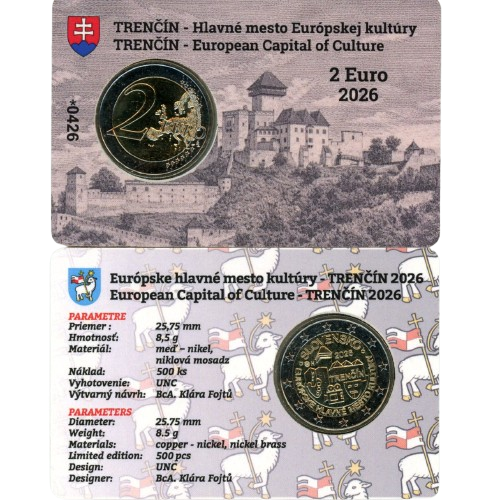 2 euro 2026 Slovensko UNC karta, mesto kultúry Trenčín (sivá)