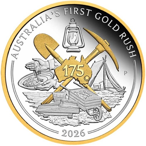 Dollar 2026 Austrália PROOF Gilded 1 Oz Ag, First Gold Rush 175th Anniversary