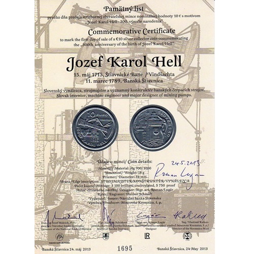 Pamätný list 2013, Jozef Karol Hell (originál 1 podpis)