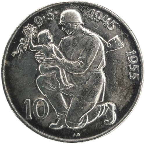 10 Koruna 1955 Československo, Oslobodenie Československa (čierne fľaky)