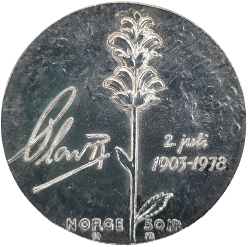50 Kroner 1978 Nórsko, kráľ Olaf V. (čierne fľaky)