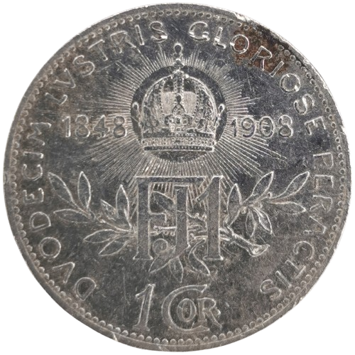 1 Corona 1908 Rakúsko Uhorsko, František Jozef I. 60. výročie vlády (fľaky)