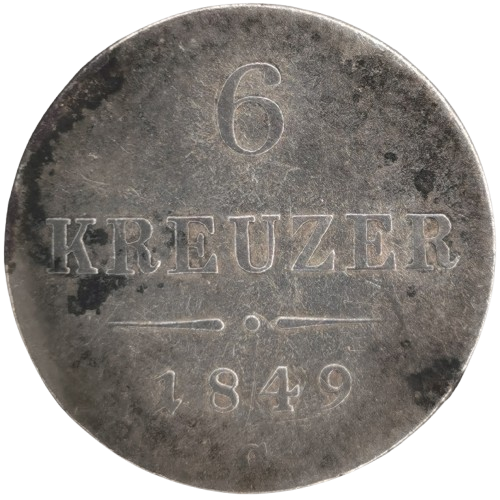 6 Kreuzer 1849 C Rakúsko Uhorsko (čierne fľaky)