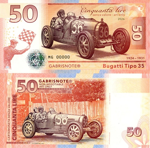 50 Lire 2026 UNC Bugatti Tipo 35 séria MG anulát