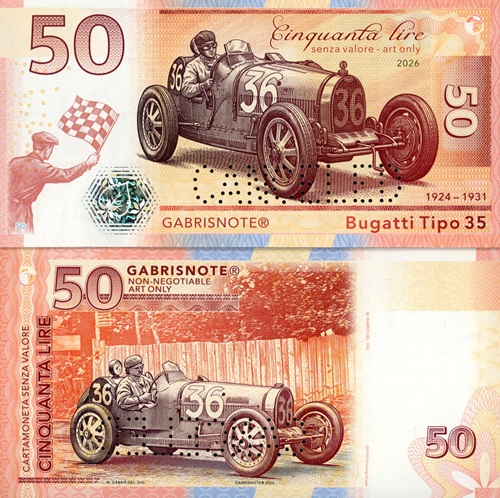 50 Lire 2026 UNC Bugatti Tipo 35 perforácia CANCELED