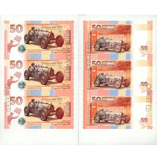 Arch 3 x 50 Lire 2026 UNC Bugatti Tipo 35 perforácia CANCELED