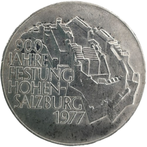 100 Schilling 1977 Rakúsko, Hohensalzburg Castle (čierne fľaky)