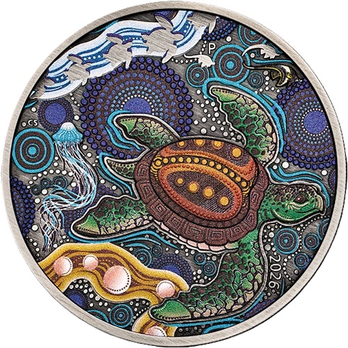 2 Dollars 2026 Austrália BU Antiqued farbená 2 Oz Ag, Turtle Yaunati