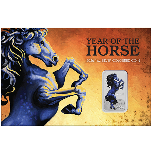 Dollar 2026 Austrália BU karta farbená 1 Oz Ag, Lunar Horse Rectangle