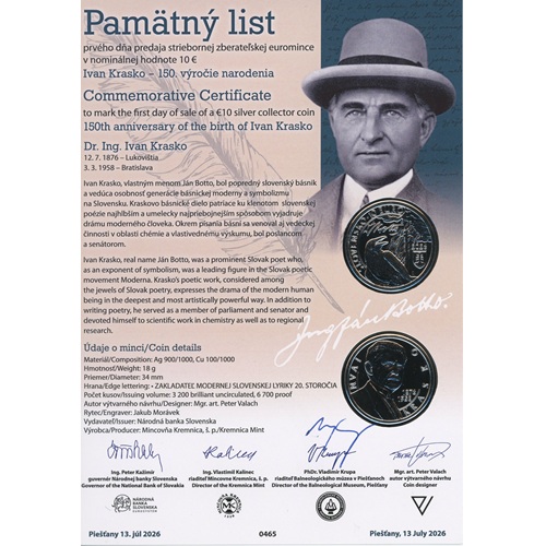 Pamätný list 2026, Ivan Krasko (originál 1 podpis)
