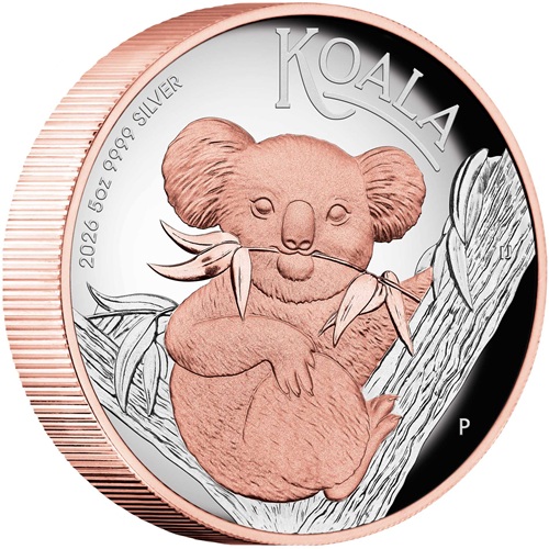 8 Dollars 2026 Austrália PROOF High Relief Gilded 5 Oz Ag, Australian Koala