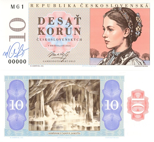 10 Korún 2026 Československo UNC vzor 1949 séria MG1 anulát podpis Mateja Gábriša