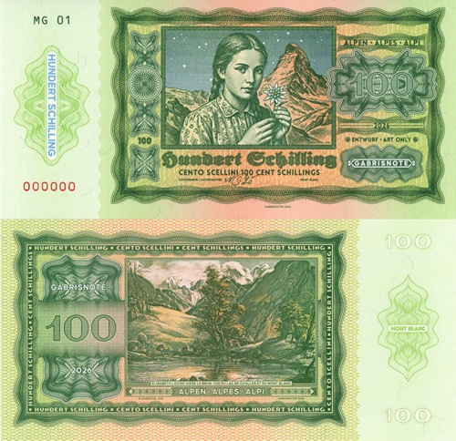 100 Schillings 2026 UNC 100 rokov šilingov séria MG01 anulát