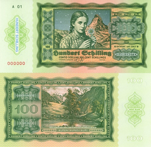 100 Schillings 2026 UNC 100 rokov šilingov séria A01 anulát