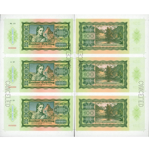 Arch 3 x 100 Schillings 2026 UNC 100 rokov šilingov séria MG01/A01 perforácia CANCELED