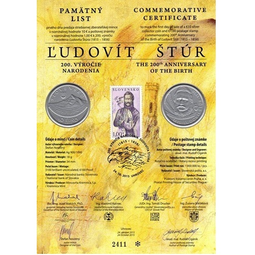 Pamätný list 2015, Ľudovít Štúr