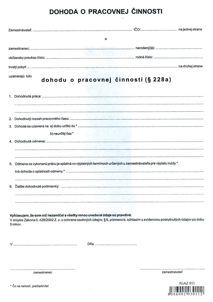 Dohoda o pracovnej činnosti A4 