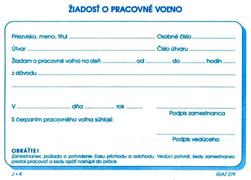 Žiadosť o pracovné voľno A6 blok 
