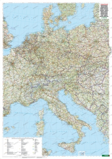 nástenná mapa Európa STRED cestná 86x124cm lamino s platovými lištami
