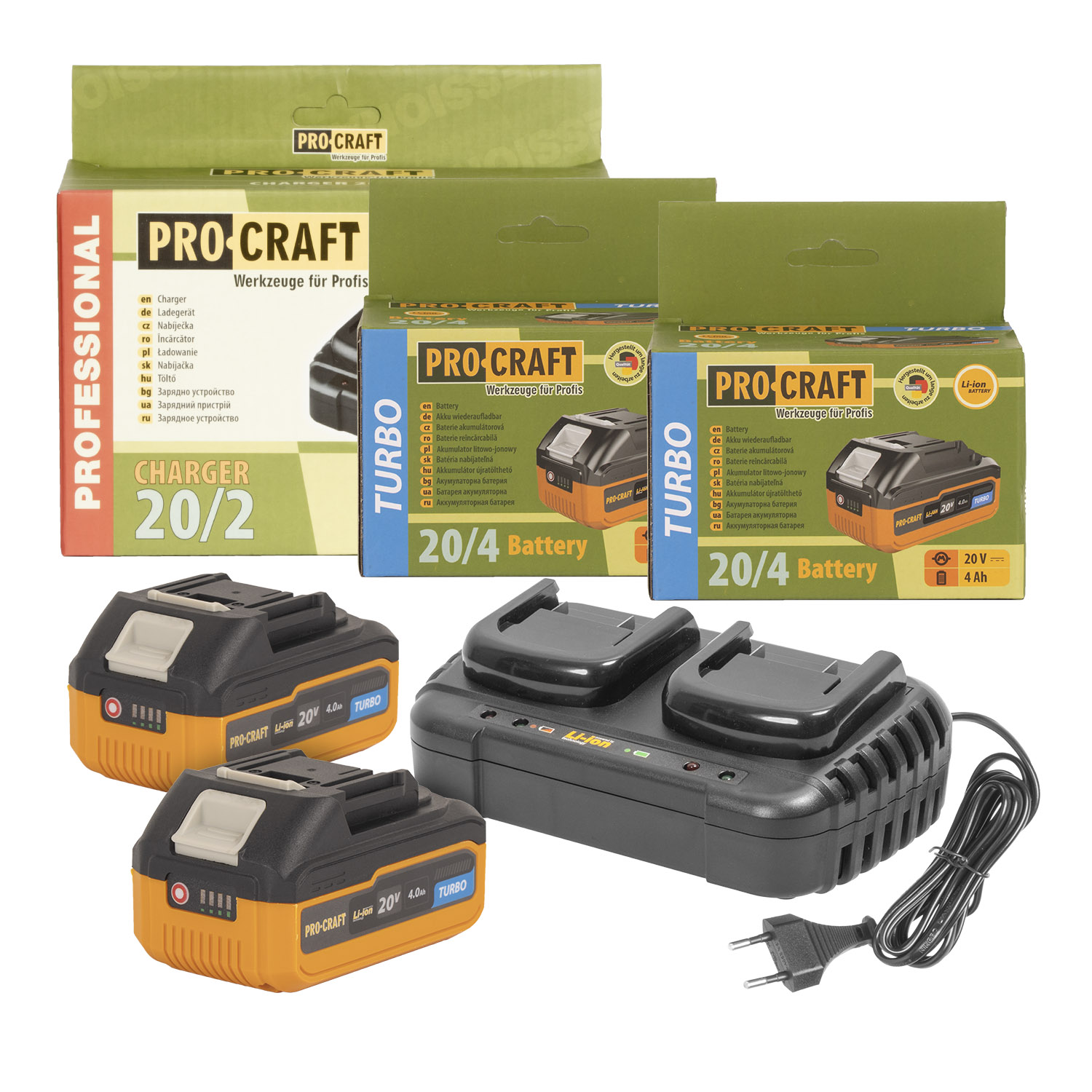 Sada dvoch 20V 4Ah batérií Procraft 20/4 Turbo a nabíjačky pre dve batérie 20/2 | S20-4TURBO/20-2