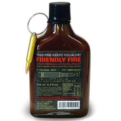 Scovillas FRIENDLY FIRE BBQ Sauce with real bullet