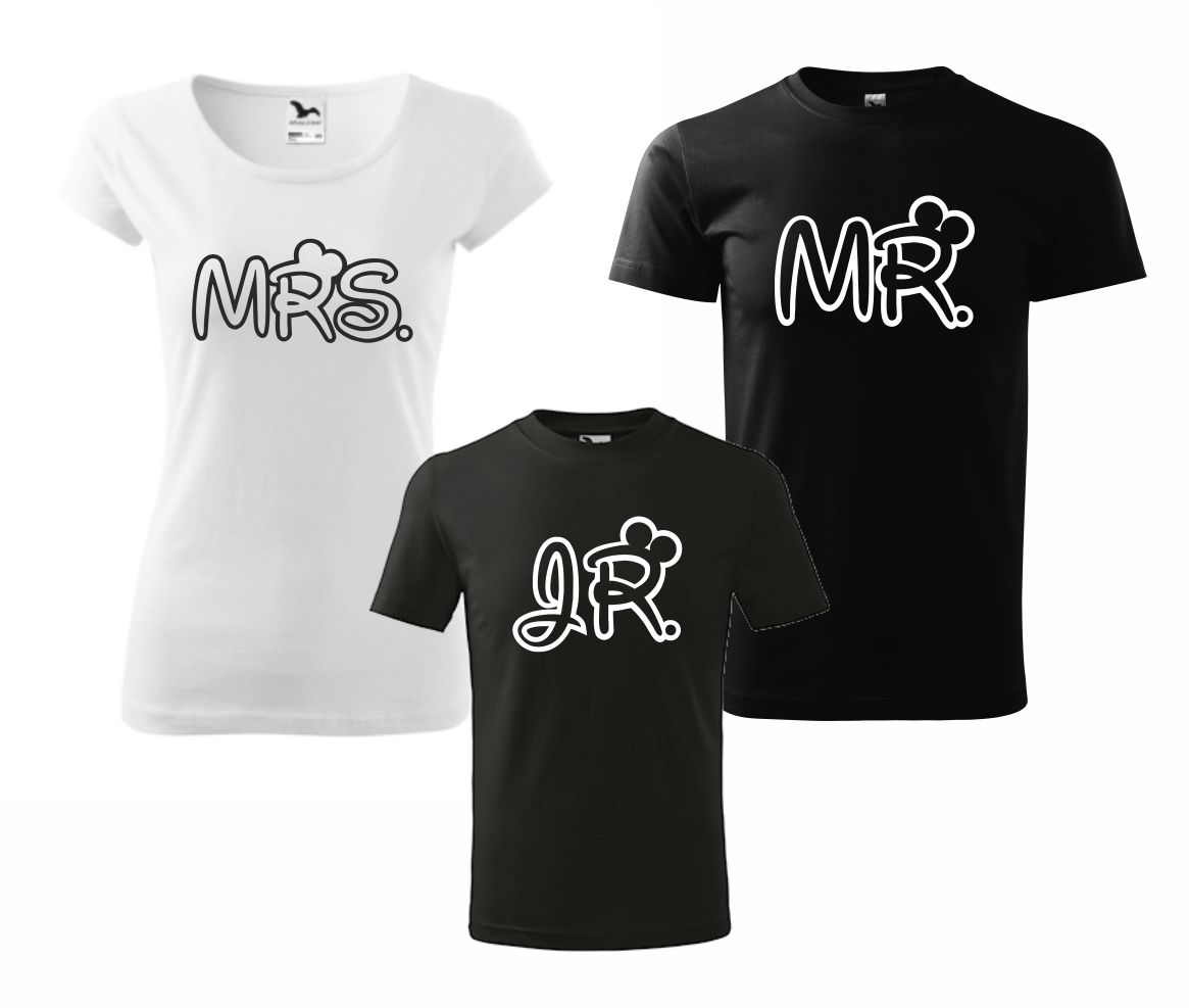 Sada 3 tričiek s potlačou MR, MRS a JR black