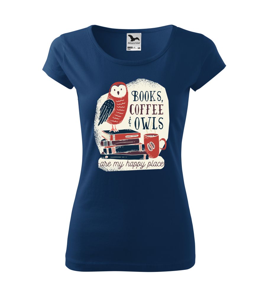 Dámske tričko Books, Coffee, Owls