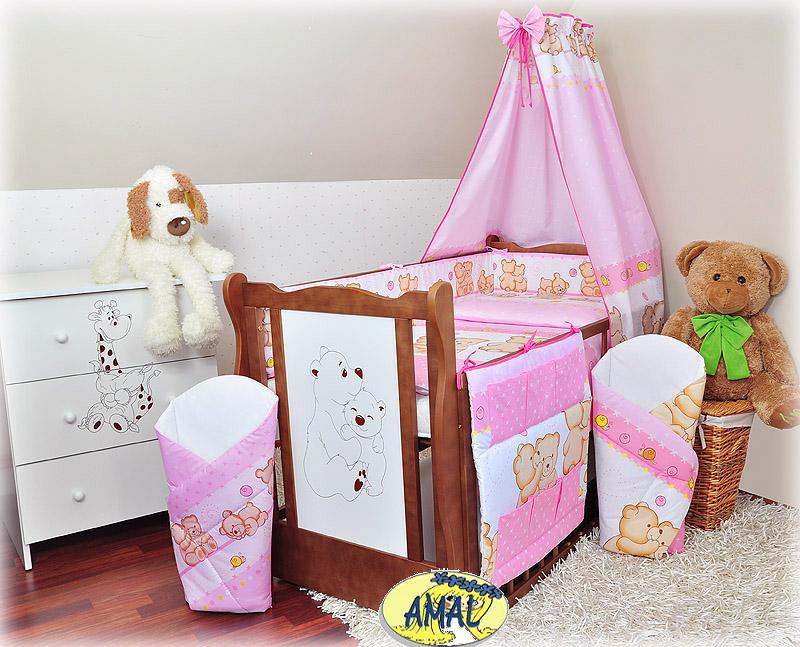 AMAL 3-dielna súprava do postieľky + vreckár, ružoví mackovia teddy