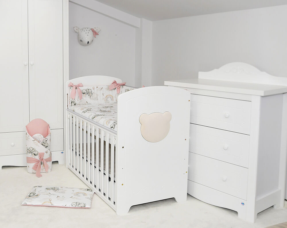 Komplet: Postieľka so spúšťacím bokom TEDDY 2 + matrac a výbava (70 vzorov)