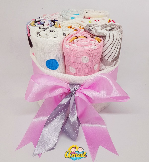 Plienková torta farebná, Ružovo sivá mašlička, z 10ks plienok