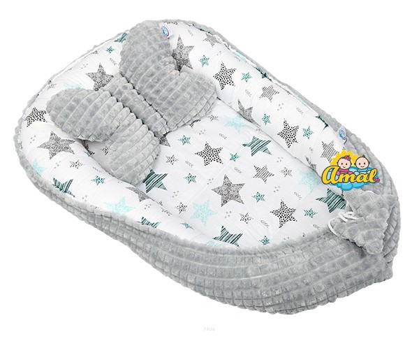 AMAL SET: obojstranné hniezdo + vankúšik motýlik MINKY, sivé+ mätové hviezdy