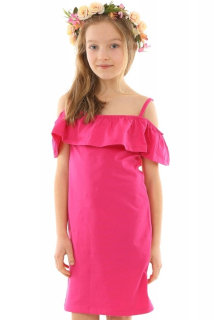 dievčenské šaty na ramienka s volánom fuchsia