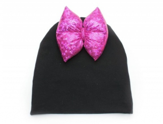 dievčenská čiapka s ružovou mašľou čierna