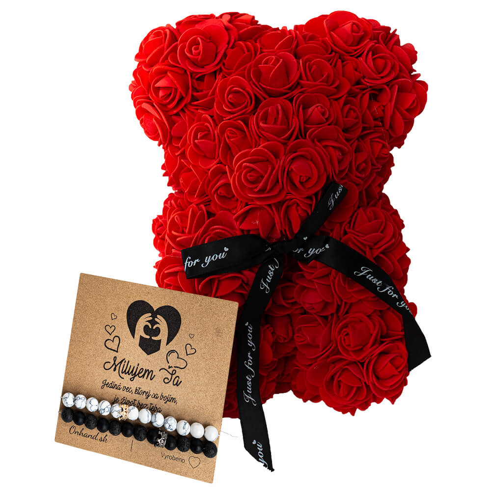 Darčekový set Rose Bear rudý s náramky queen crown