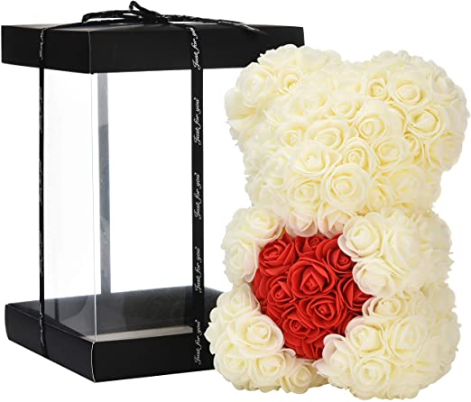 Rose Bear - biely macko so srdcom z ruží 25 cm