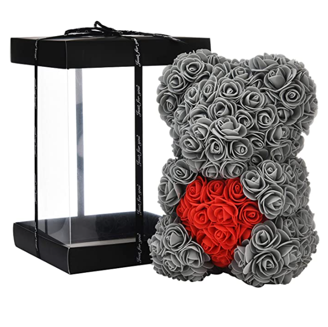 Rose Bear - sivý macko so srdcom z ruží 25 cm