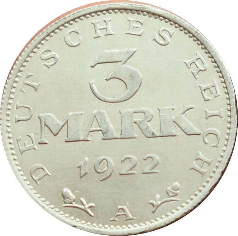 Nemecko - Weimarská republika 3 Mark 1922 A