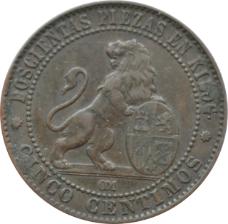 Španielsko 5 Centimos 1870